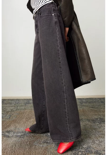 Широки дънки с висока талия - Антрацитно сиво