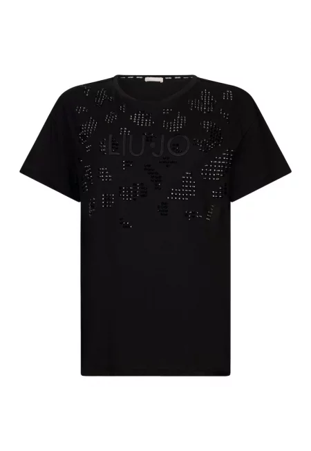 Тениска с овално деколте и пайети - Черен