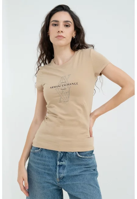 Тениска с памук и лого - Черен/Светлокафяв