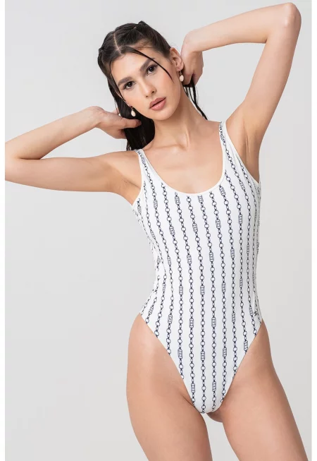 Цял бански с принт - Бял/Ултрамарин синьо