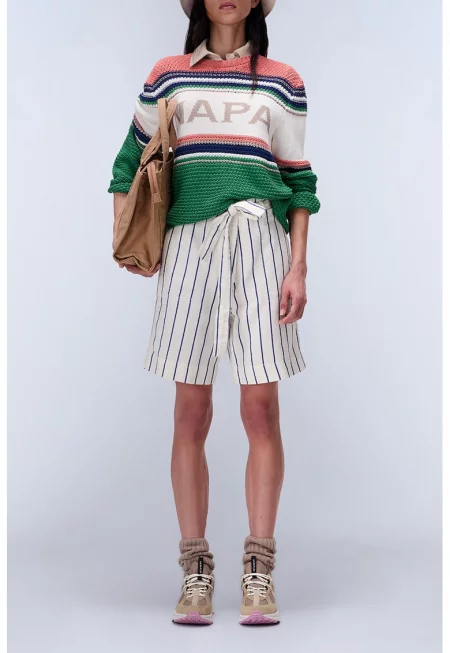 Уголемени бермуди Nice с памук и лен - Прашно синьо/Крем