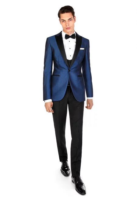 Вълнен костюм по тялото с раздвоен ревер - Черен/Тъмносин