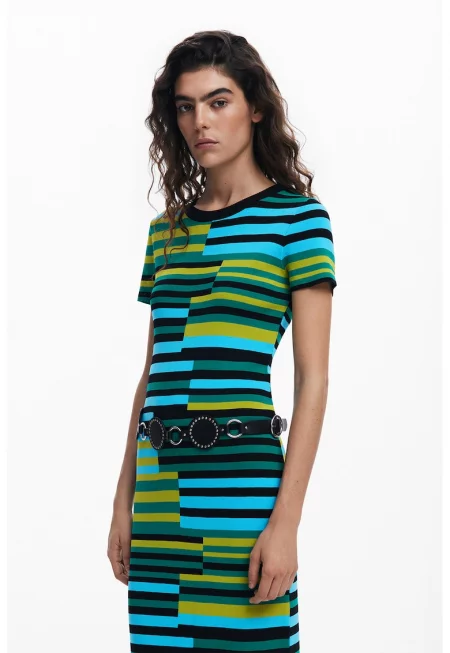 Вталена раирана рокля - Зелен/Жълт/Син