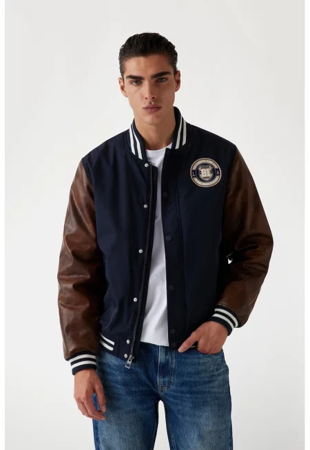 Яке с цип и контратни яка и маншети - Кафяв/Тъмносин