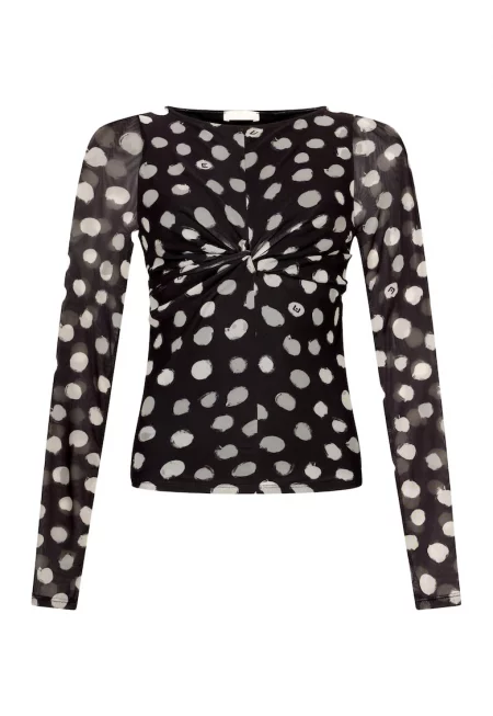 Блуза с принт и набирания - Бял/Черен