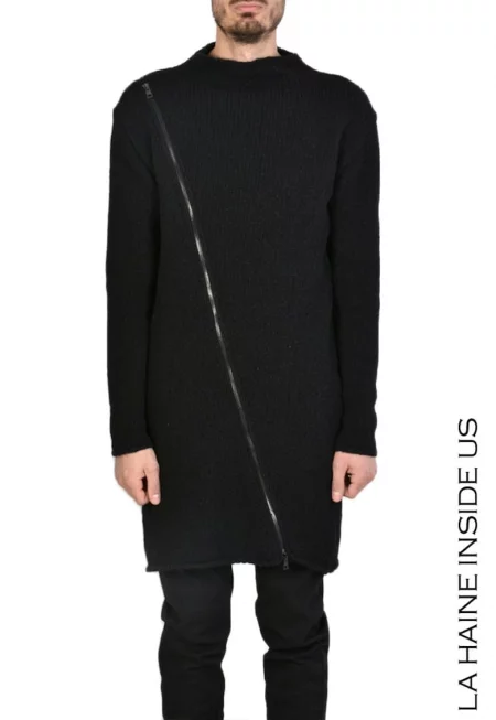 Дълъг извънгабаритен пуловер - плетен с диагонален цип - Черен