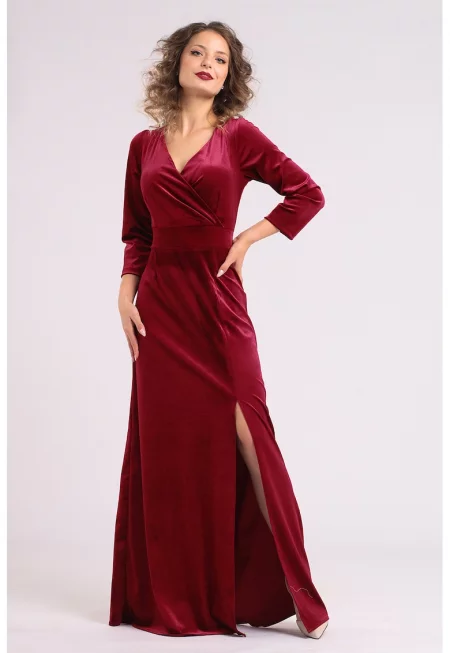 Дълга кадифена рокля с цепка встрани - Бордо