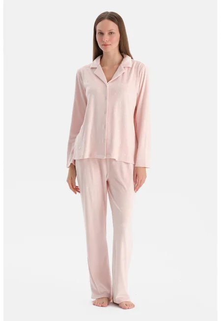 Дълга пижама с десен - Бледо розово