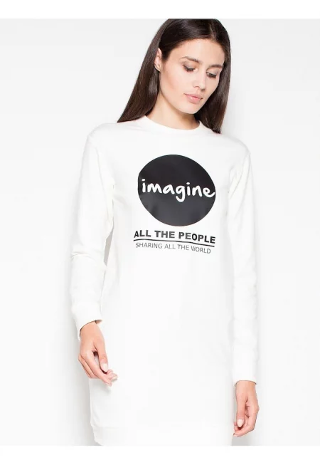 Дамски пуловер  бежов - памук - оригинален принт - дълъг ръкав