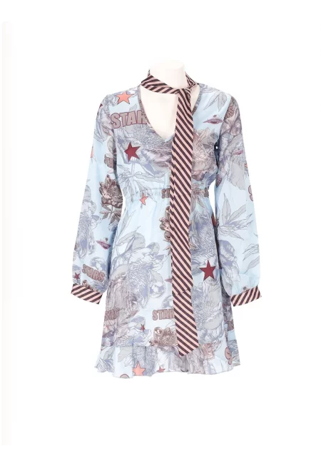 Десенирана рокля с дипли на подгъва - Ледено синьо