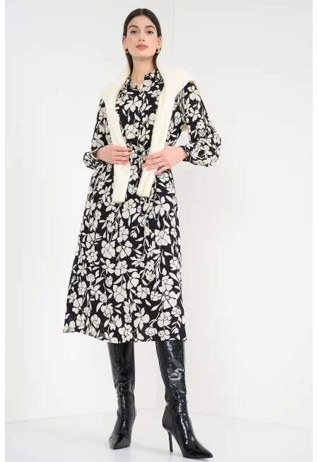 Флорална рокля с класическа яка - Слонова кост/Черен