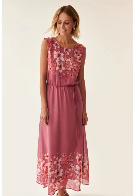 Флорална шифонена рокля - Мръснобял/Прашно розово