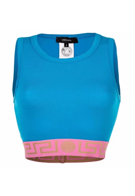 Къс топ с лого - Розово/Син