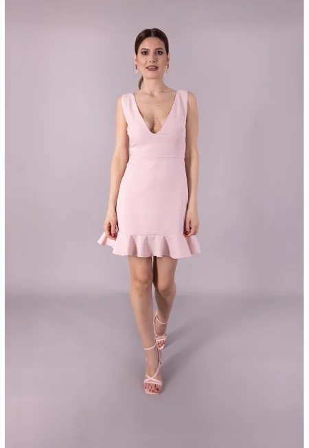 Къса рокля с дълбок шпиц - Бледо розово