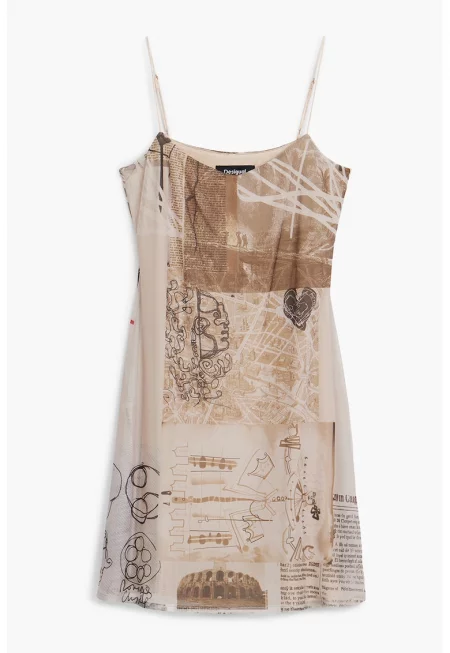 Къса рокля с десен и тънки презрамки - Черен/Бежов