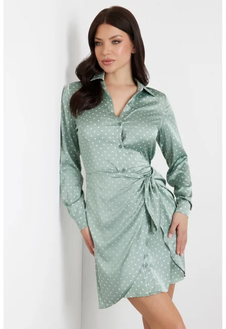 Къса сатинирана рокля на точки - Бял/Персийско зелено