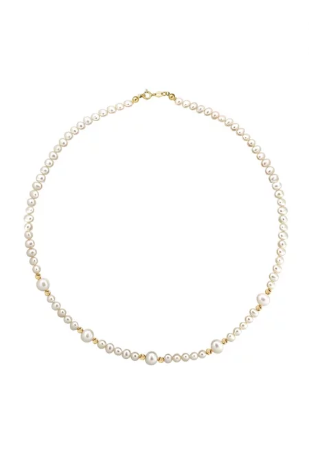 Колие Злато 585 - 14К с бели култивирани перли 5+6 мм и 10 златни топчета - класическа закопчалка - 38-39 см