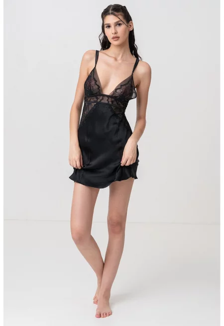 Копринена нощница с дантела - Черен