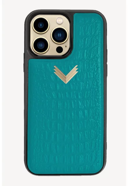 Кожен калъф за Iphone 13 Pro - Златист/Аквамарин син