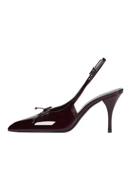 Кожени обувки с ток - отворена пета и панделки - Коняк кафяв