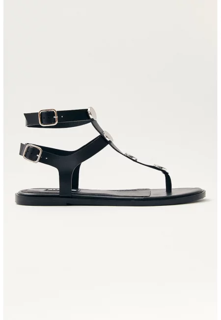 Кожени сандали с двойна каишка с тока - Черен