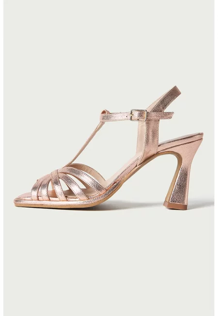 Кожени сандали с каишка с тока - Розово златисто