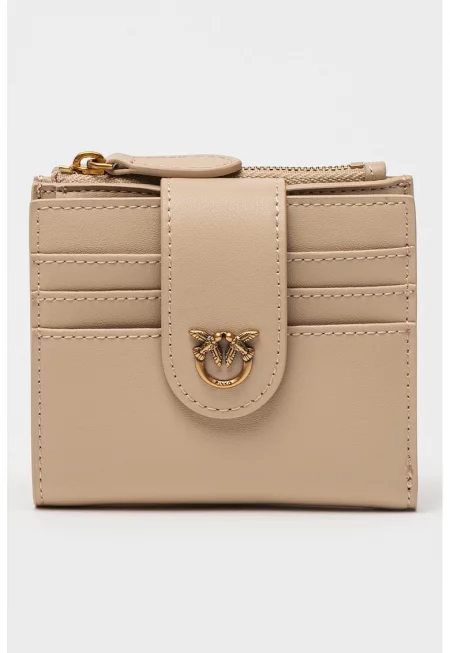 Кожено портмоне с метално лого - Светло бежово