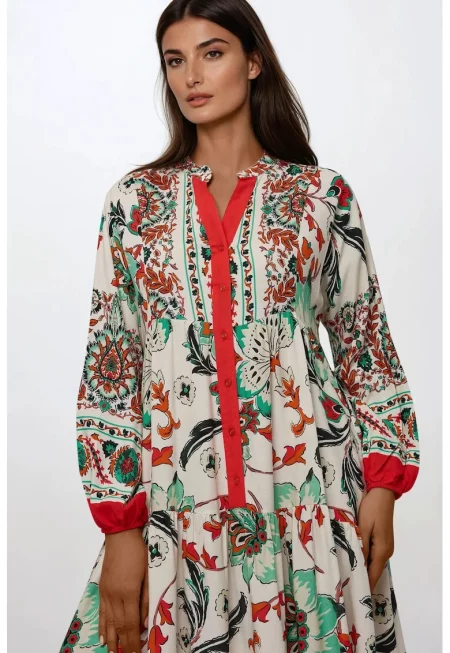 Макси рокля с дълъг ръкав -  Вискоза - А-силуета - удобна - многоцветна - S