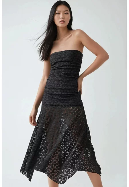 Миди рокля от дантела  без презрамки - черна - елегантна