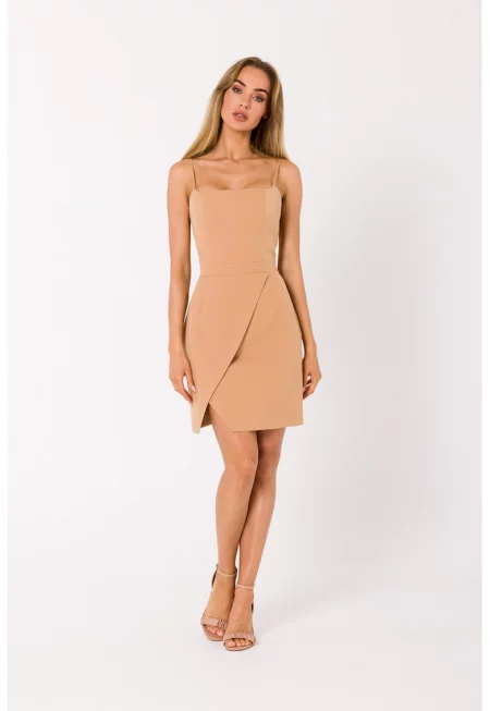 Мини коктейлна рокля с тънки презрамки - Карамел