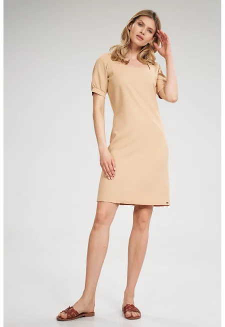 Мини рокля  квадратно деколте - къс ръкав - бежово - полиестер