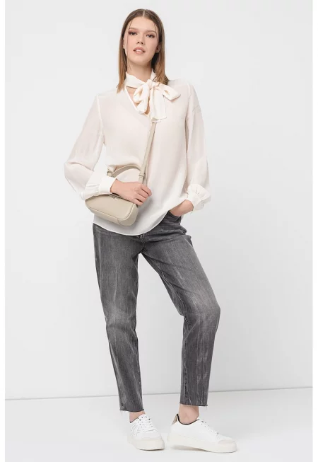 Мрежеста блуза с панделка - Крем