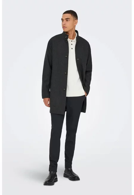 Палто с вълна със средновисока яка - Черен меланж