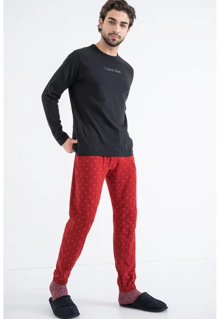 Памучна пижама с овално деколте - Червен/Черен