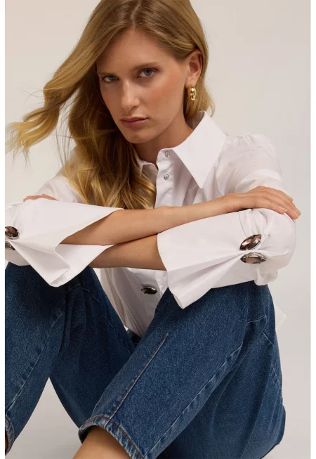 Памучна риза с копчета тип бижу - Бял