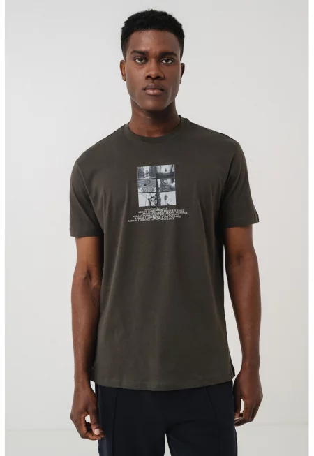 Памучна тениска с фотопринт и лого - Бял/Антрацитно сиво