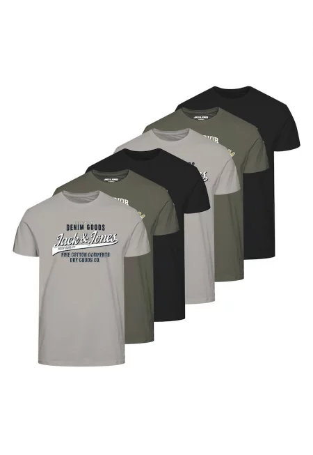 Памучни тениски JJETHAN с лого - 6 броя - Зелен/Черен/Сив