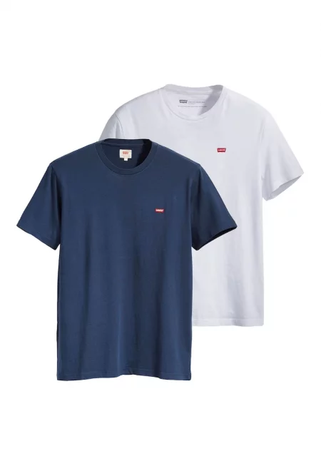 Памучни тениски с бродирано лого - 2 броя - Бял/Син