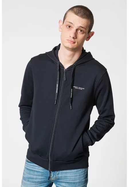 Памучно худи с цип и лого - Тъмносин