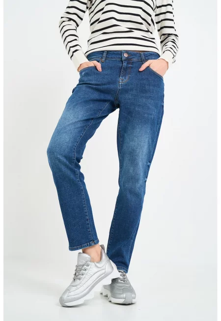 Прави дънки със захабен ефект - Син