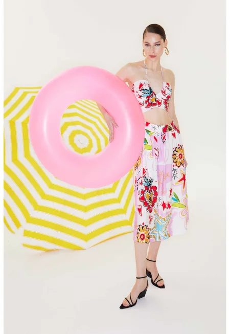 Разкроена пола с десен - Червен/Жълт/Лилав