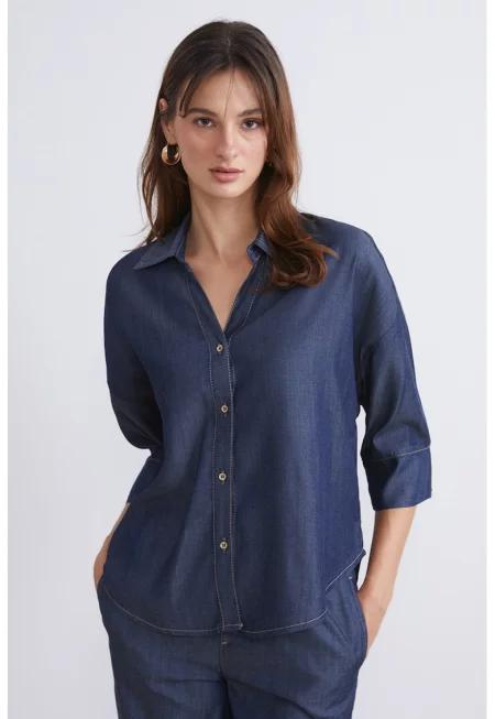 Риза от деним с 3/4 ръкави - Тъмносин -