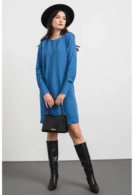 Рокля със свободна кройка и набирания - Прашно синьо