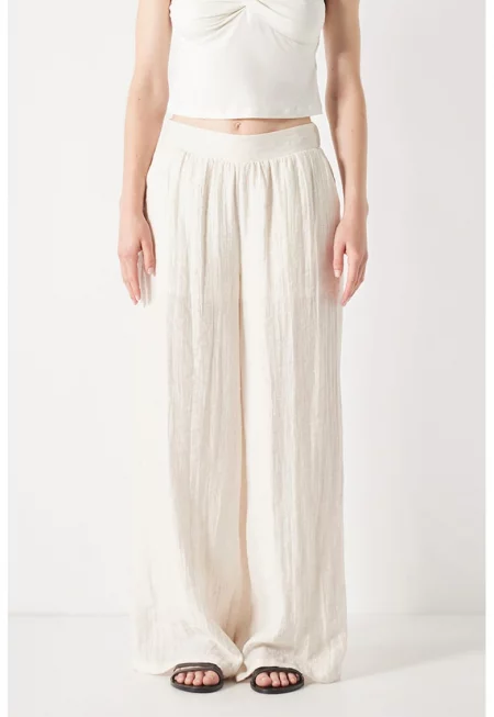 Широк панталон с лен - Слонова кост