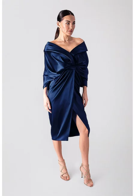 Шпиц миди рокля с драперии - Тъмносин