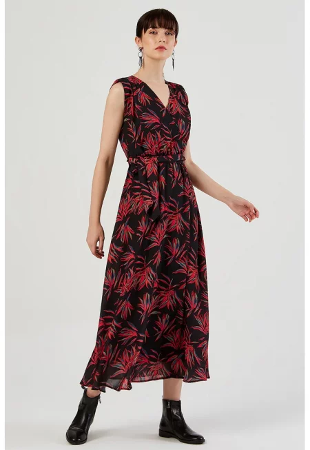 Шпиц рокля с колан и десен - Червен/Зелен/Черен