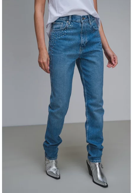 Слим дънки с декоративни камъни - Син меланж