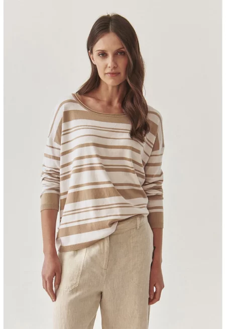 Свободен пуловер Strippi с лиосел - Бял/Светлокафяв