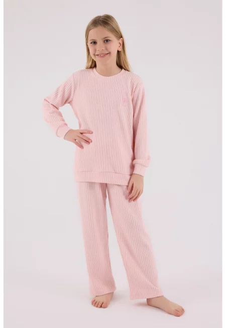 Свободна рипсена блуза и панталон - 2 части - Светлорозов