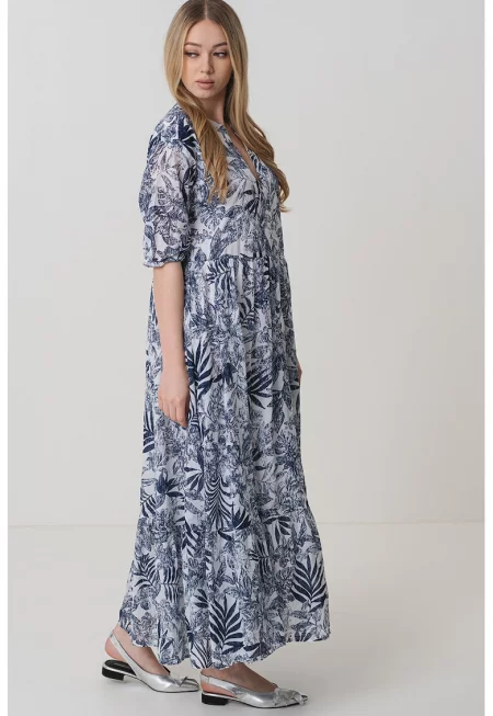 Свободна рокля с принт - Бял/Ултрамарин синьо